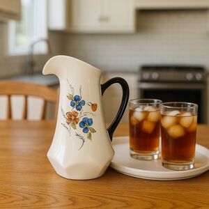 VTG! Large IceTea Floral Ceramic Pitcher with Black Handle